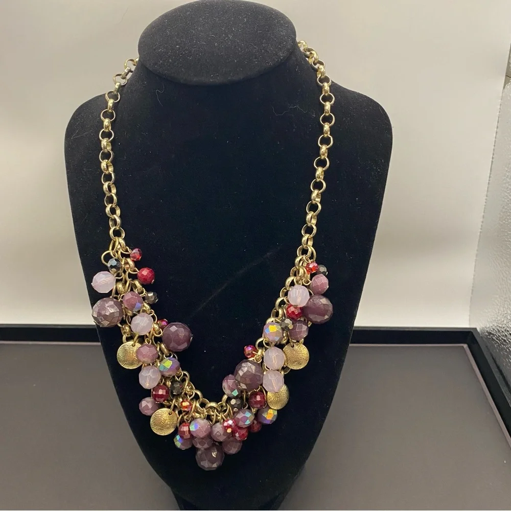 LOFT Gold Chain Statement Necklace with Purple and Pink Beads - Picture 4 of 10